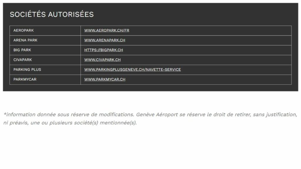 Sociétés de parkings privés autorisées par l'Aéroport de Genève