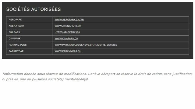 Sociétés de parkings privés autorisées par l'Aéroport de Genève