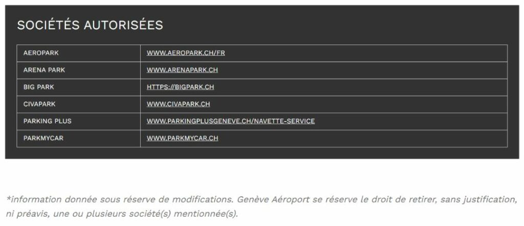 Sociétés de parkings privés autorisées par l'Aéroport de Genève